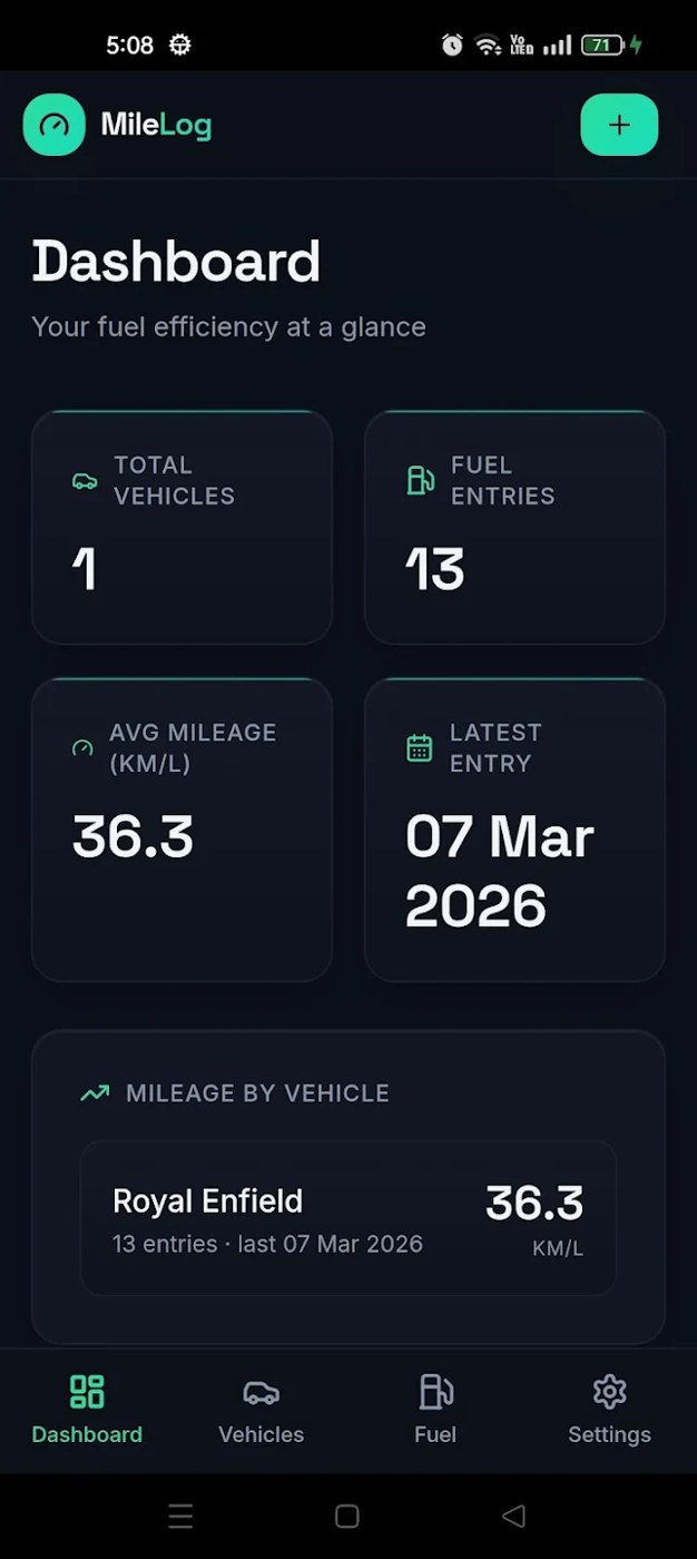 MileLog app screen